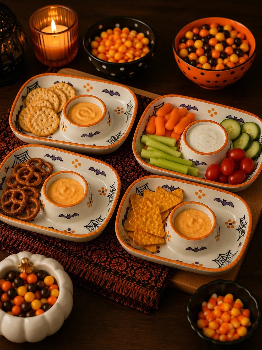 Temptations Tara Boofetti Halloween Snack Caddy Trays Set 4 Ceramic Serving